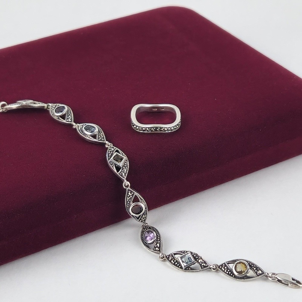 Vintage 925 Sterling Silver Marcasite Bracelet Ring Set Multi Color Glass Stones
